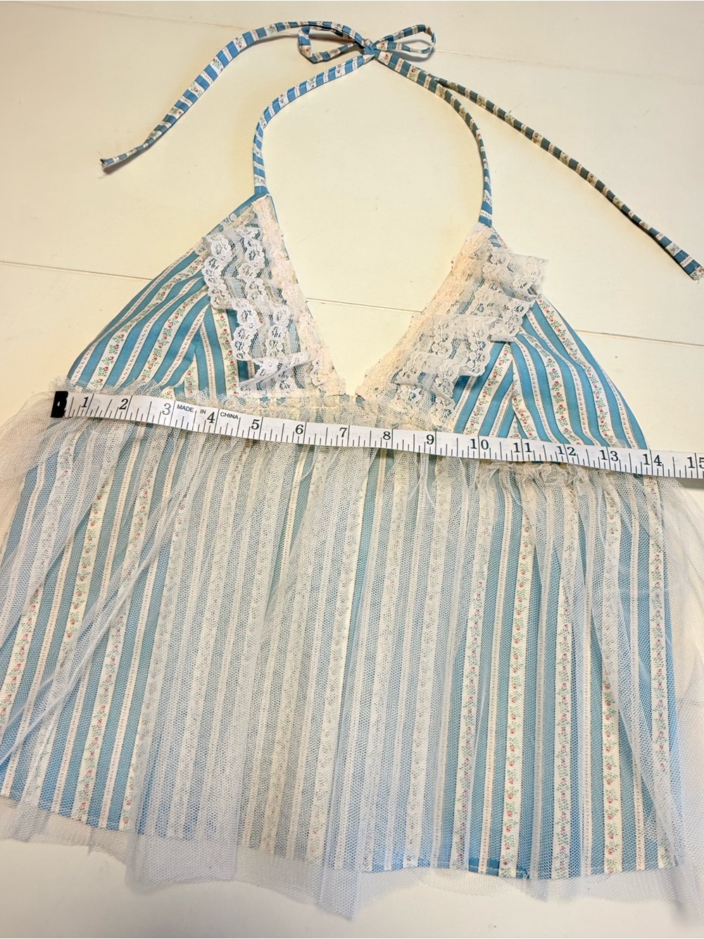 ONE-OF-A-KIND HANDMADE VINTAGE-FABRIC HALTER TOP 🩵 XS - Picture 13 of 16